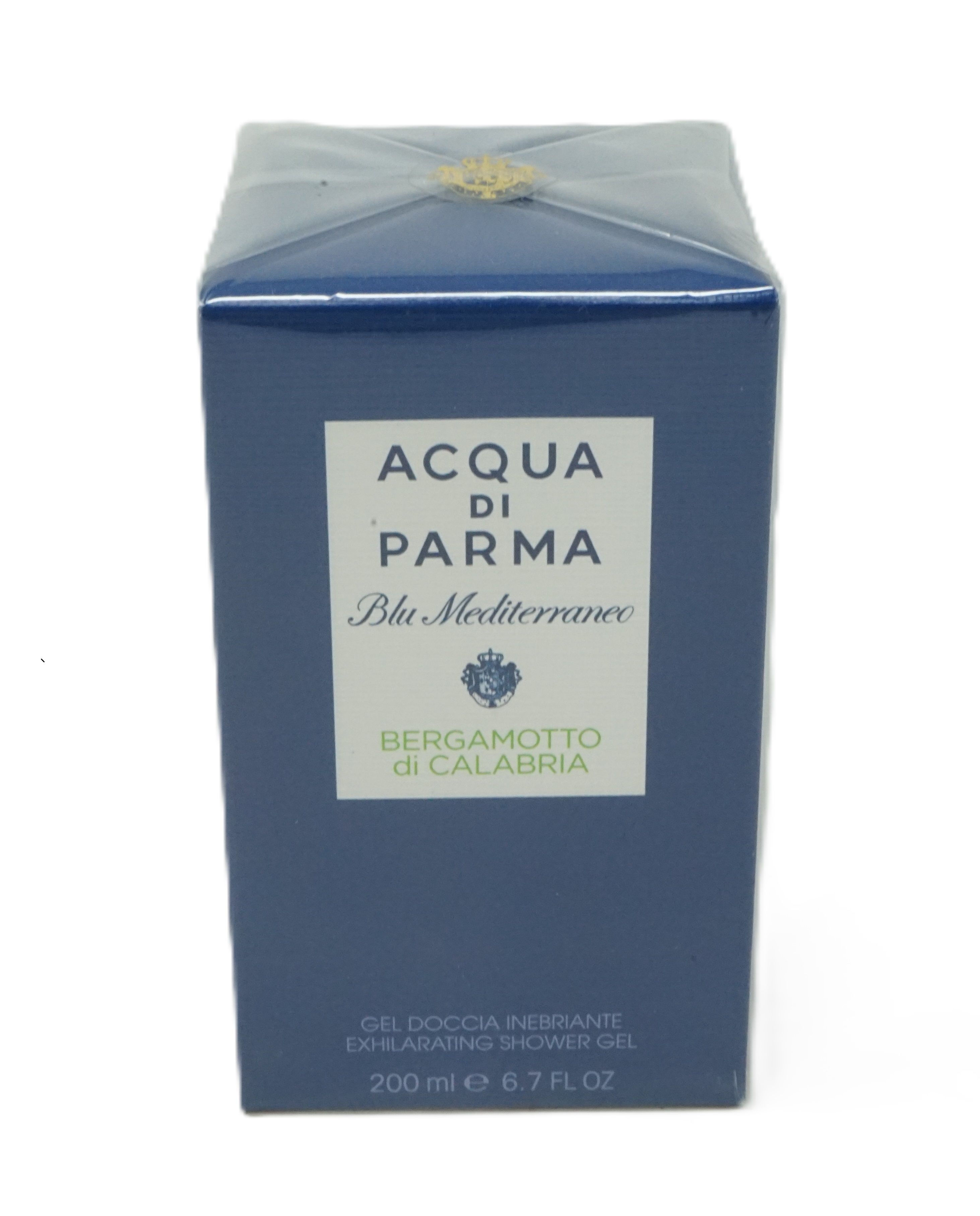 Blau verpacktes Produkt. Weißes Etikett mit Text: Acqua di Parma, Blu Mediterraneo, Bergamotto di Calabria. Unten: Gel Doccia Inebriante, 200 ml.