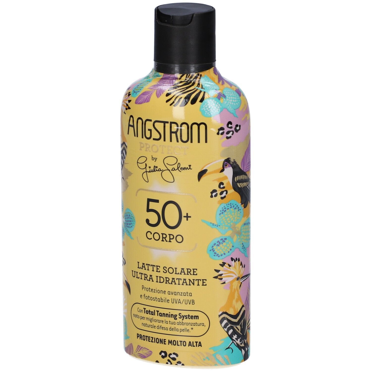 Flacone giallo con tappo nero. Stampa con nome prodotto, SPF 50+ e testo. Motivi uccelli e fiori.
