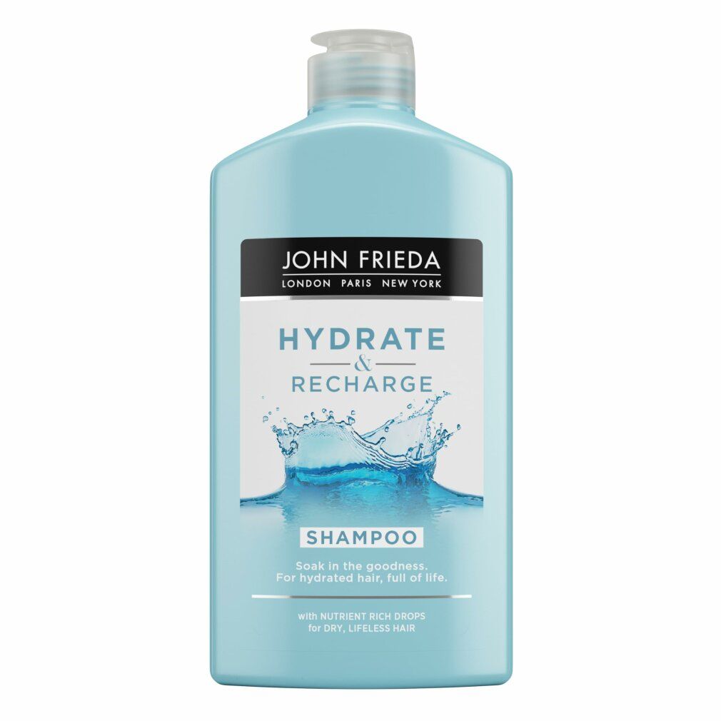 Hellblaue Flasche John Frieda Hydrate & Recharge Shampoo. Etikett mit Wasser-Grafik. Aufschrift: Shampoo.