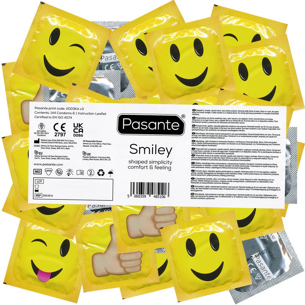 Gelbe Kondome mit Smiley-Gesichtern. Verpackung mit Produktnamen und CE-Kennzeichnung. Einzelne Kondome und Packung.