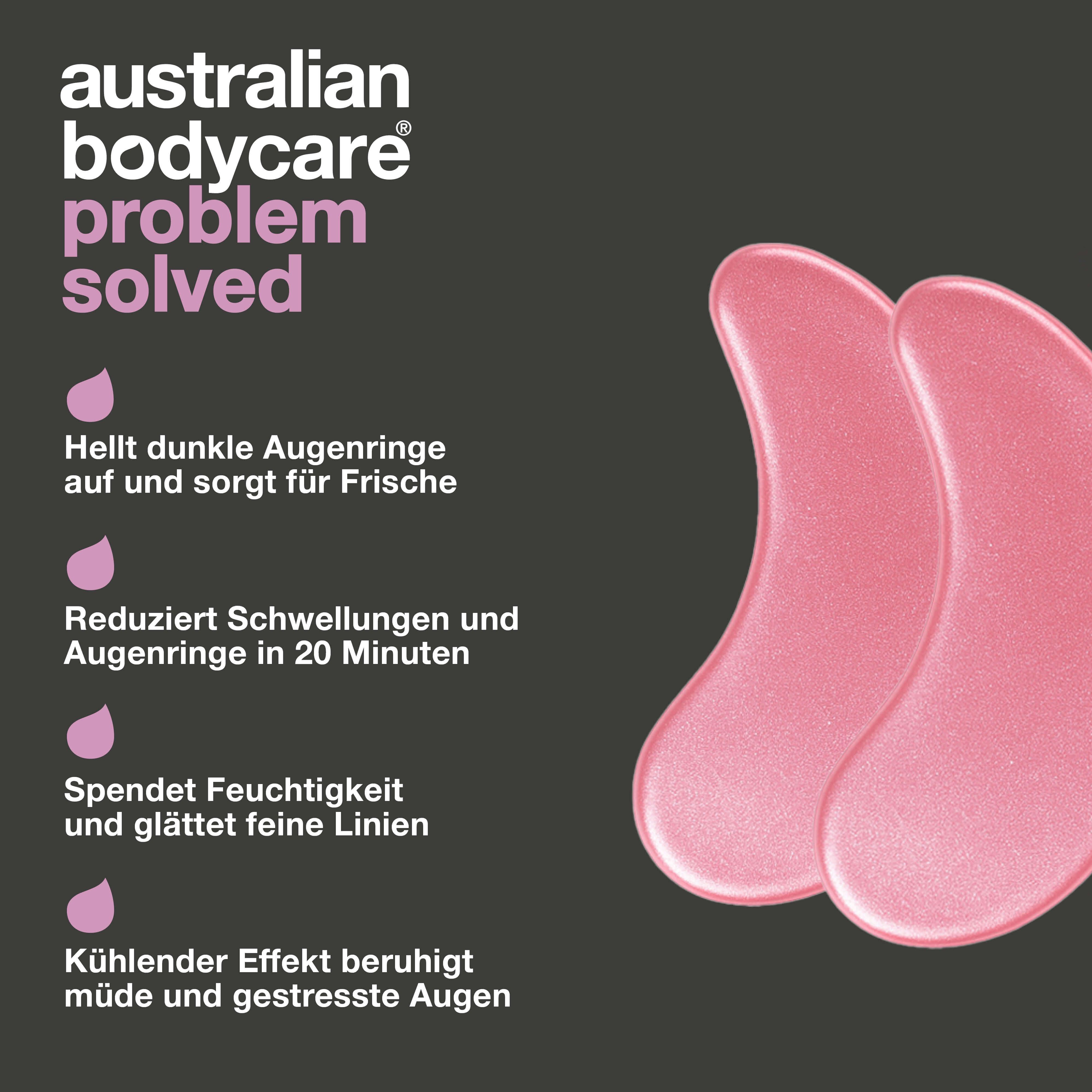 Zwei rosa Augenpads. Text: Australian Bodycare, Problem gelöst. Vorteile: hellt Augenringe auf, reduziert Schwellungen, hydratisiert.