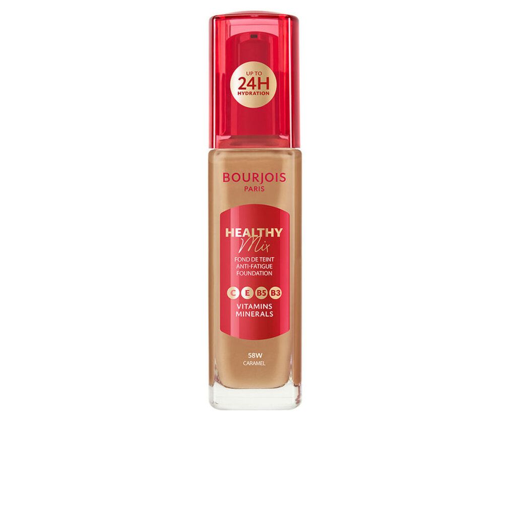 Make-up-Basis mit rotem Deckel. Aufschrift: Healthy Mix, Fond de Teint Anti-Fatigue Foundation. Farbton: 58W Caramel.