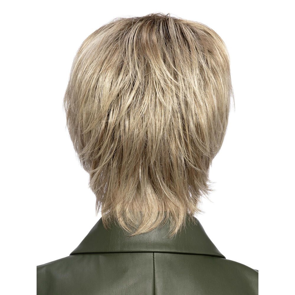 Kurzhaarperücke, blond, mit Pony. Rückansicht.