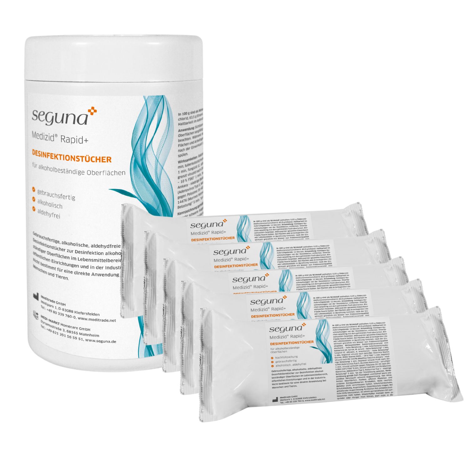 Weißer Spenderbehälter und Nachfüllpackungen mit Produktetikett. Aufschrift: SEGUNA Medizid Rapid+ Desinfektionstücher.