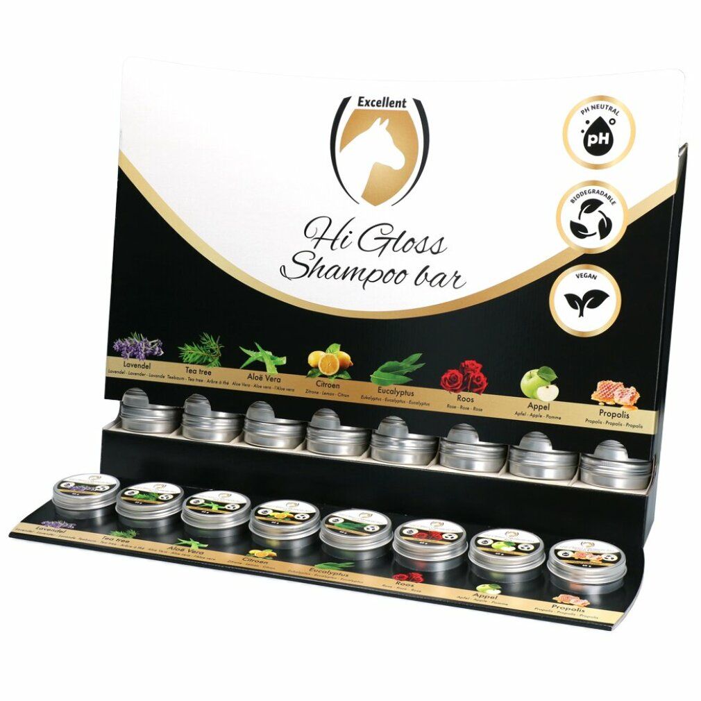 Ausstellung mit Hi Gloss Shampoo Bars. Verschiedene Sorten in kleinen Metallbehältern. Vegan, pH-neutral, biologisch abbaubar.