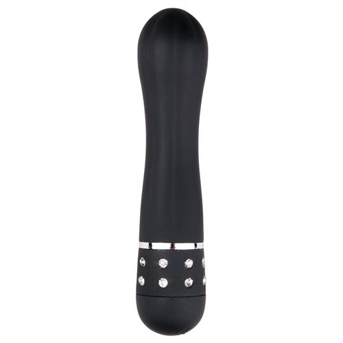 Schwarzer Vibrator mit geriffelter Spitze und Ziersteinen am unteren Ende. Zylindrische Form mit abgerundeter Spitze.
