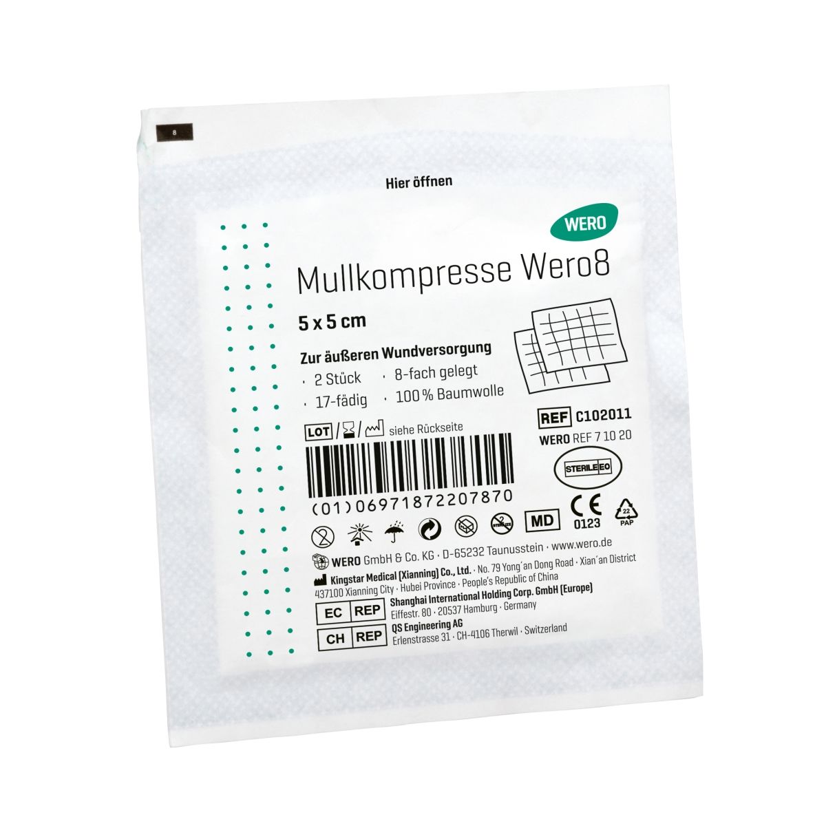 WERO Mullkompresse Wero8, 5x5 cm, steril, in Verpackung. 2 Stück. Baumwolle. Mit CE-Kennzeichnung.