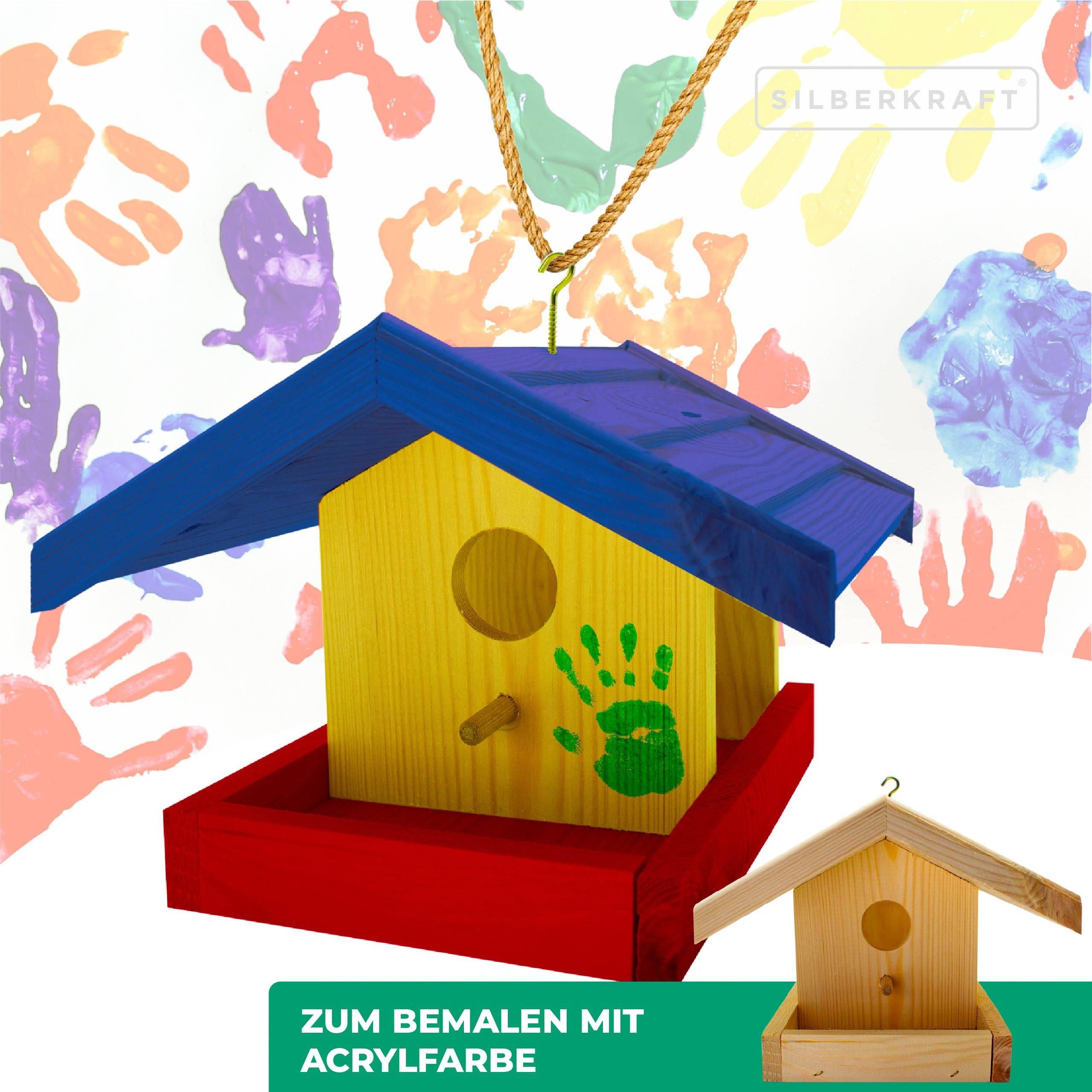Bemaltes Vogelhaus mit blauem Dach, gelbem Korpus und rotem Boden. Text: Zum Bemalen mit Acrylfarbe.