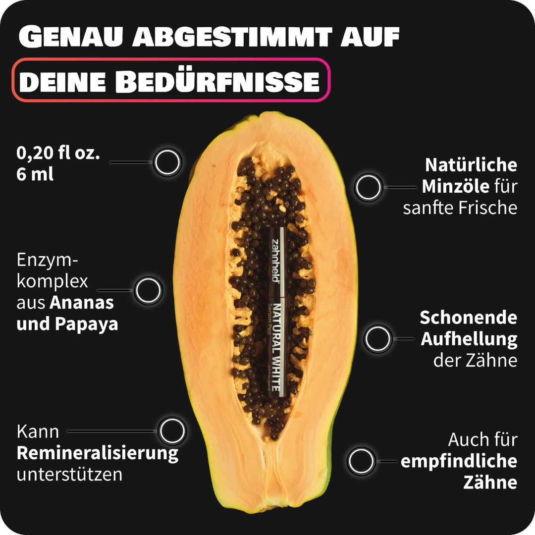 Zahnheld Natural White Serum Pen in einer halbierten Papaya.