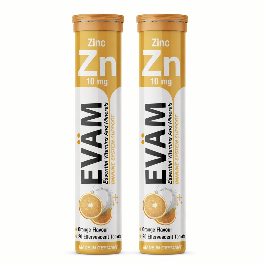 Zwei Tuben EVÄM Zink, 10 mg. Orangefarbenes Design. 20 Brausetabletten. Made in Germany.