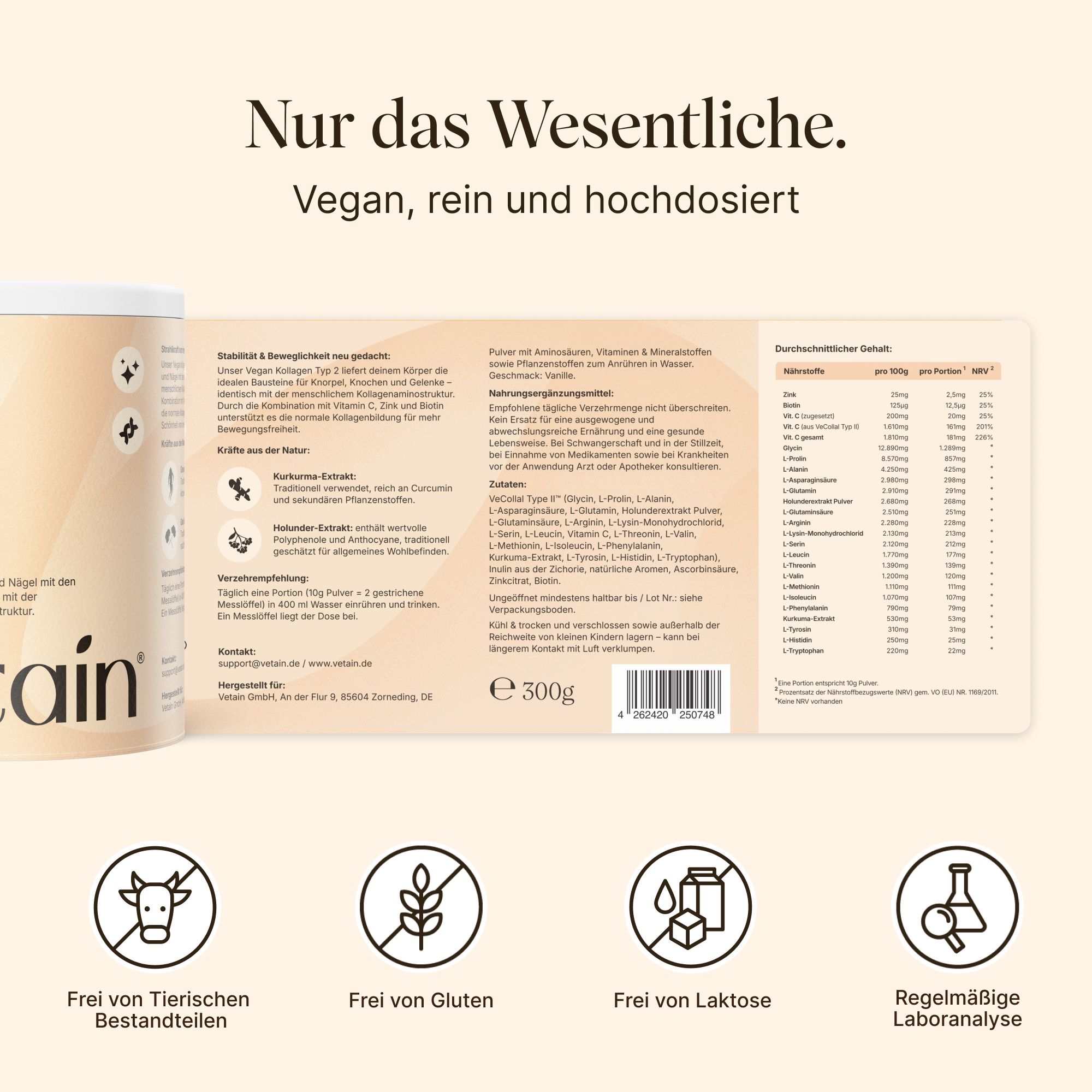 VETAIN Vegan Kollagen Pulver - VeCollal®, Vitamin C, Kurkuma, Zink & Biotin - Für Knochen & Gelenke
