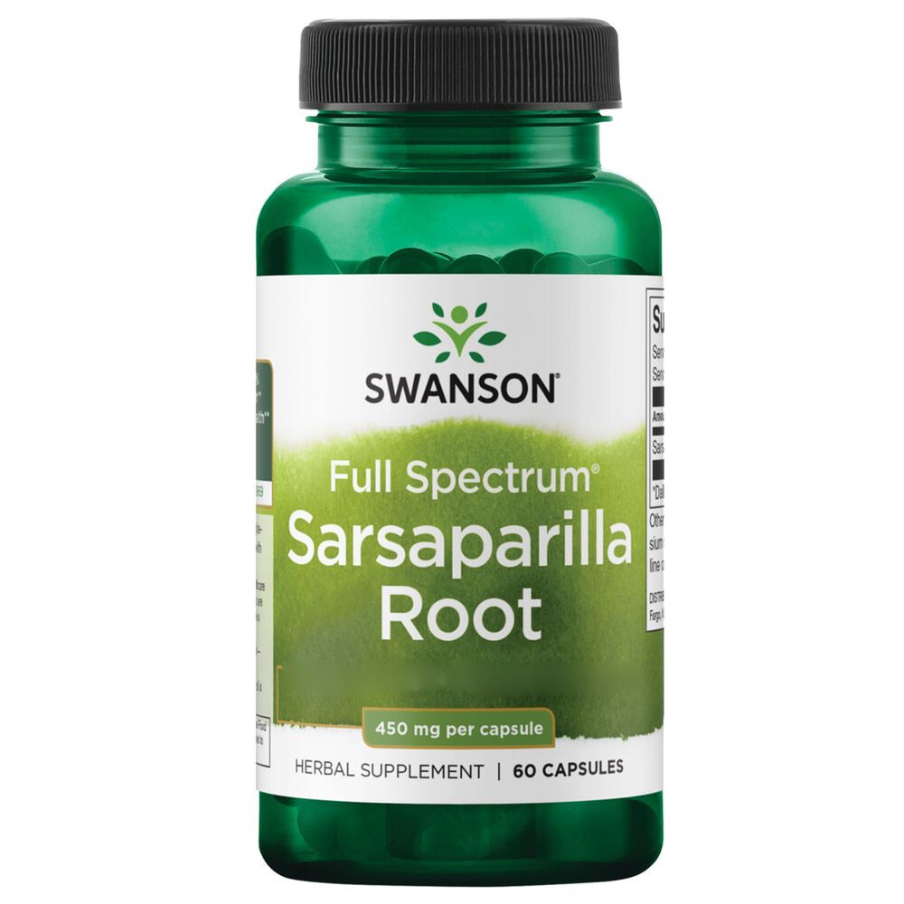Grüne Flasche mit schwarzem Deckel. Etikett mit "Swanson", "Sarsaparilla Root", 450 mg pro Kapsel, 60 Kapseln.