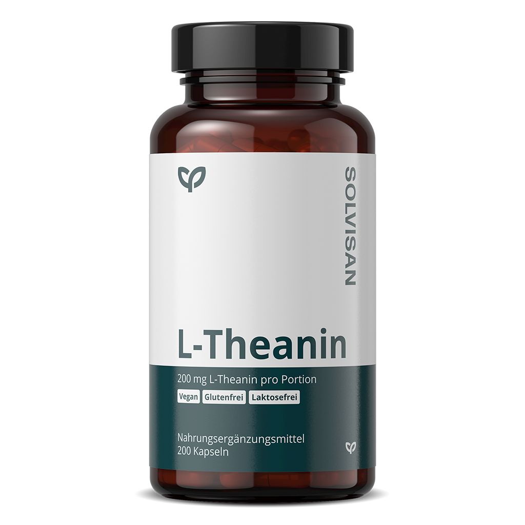Braune Flasche mit schwarzem Deckel. Aufschrift: SOLVISAN, L-Theanin, 200 mg, vegan, glutenfrei, laktosefrei. Nahrungsergänzungsmittel.