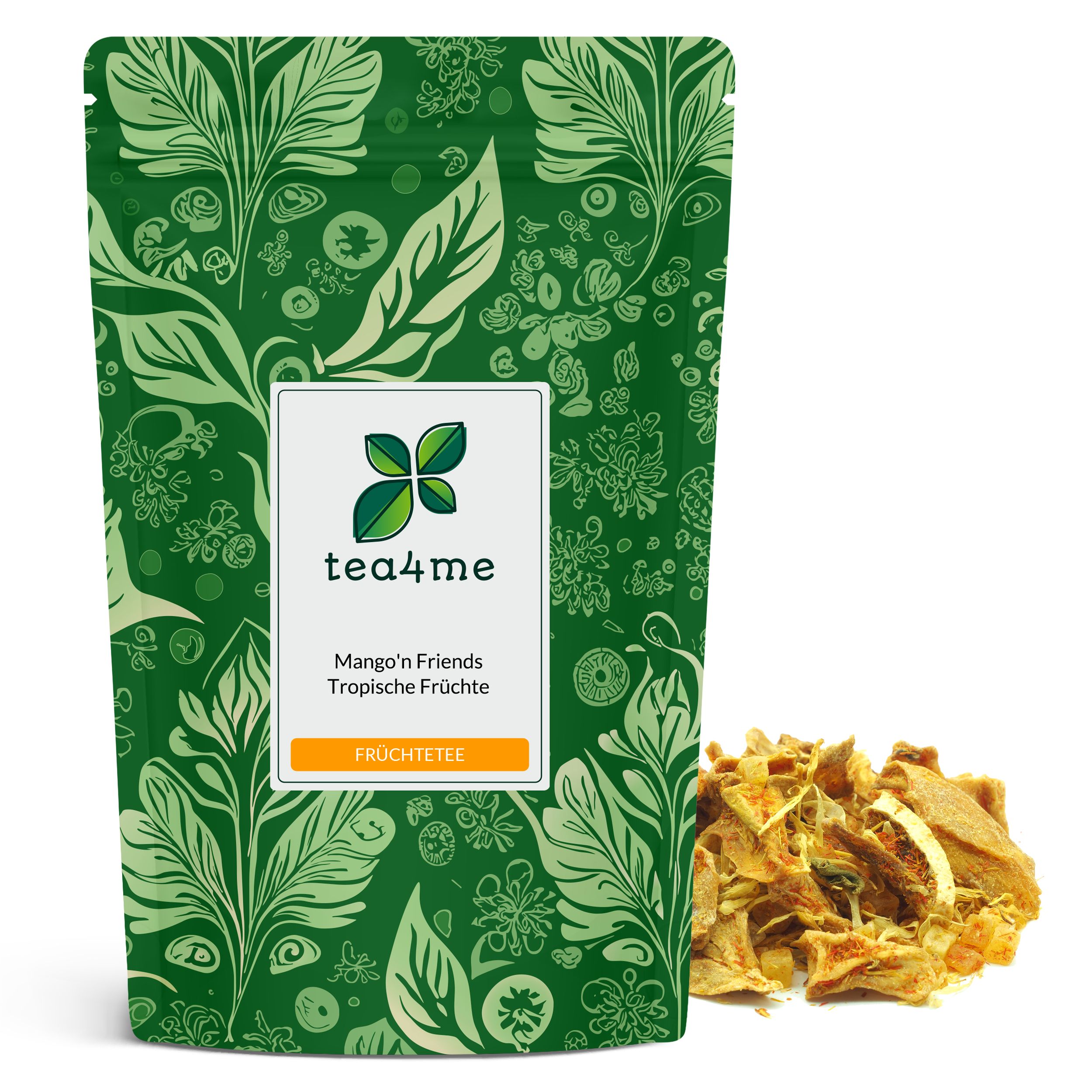Grüner Beutel mit floralem Muster und Produktetikett. Aufschrift: tea4me, Mango'n Friends, Früchtetee. Daneben lose Früchteteemischung.