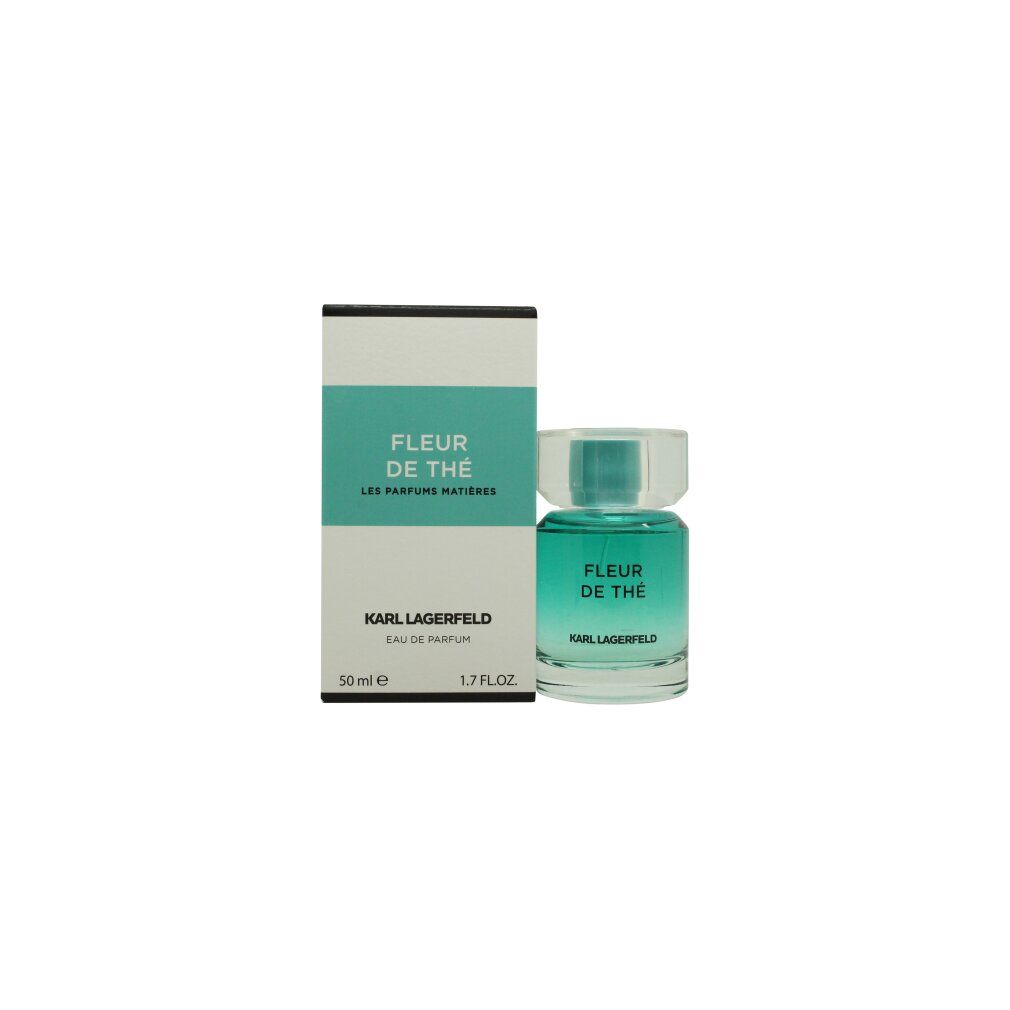Karl Lagerfeld Fleur de Thé Eau de Parfum Flasche und Verpackung. Flasche mit blauem Duft, weiße Schachtel mit grüner Beschriftung.