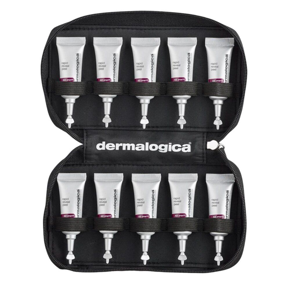 Dermalogica Rapid Reveal Peel: Zehn kleine Tuben in einer schwarzen Reisetasche, geöffnet.