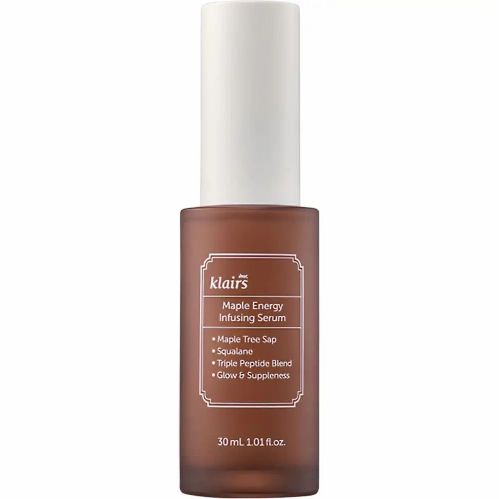 Braune Serumflasche mit weißem Deckel. Beschriftung: klairs, Maple Energy Infusing Serum, 30 ml.