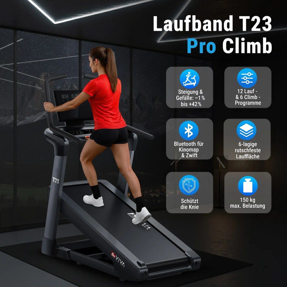 Frau trainiert auf AsVIVA Laufband T23 Pro Climb mit Steigungsanzeige und Programminformationen.