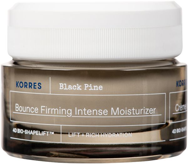 Glasbehälter mit weißem Deckel. Aufschrift: KORRES, Black Pine, Bounce Firming Intense Moisturizer.