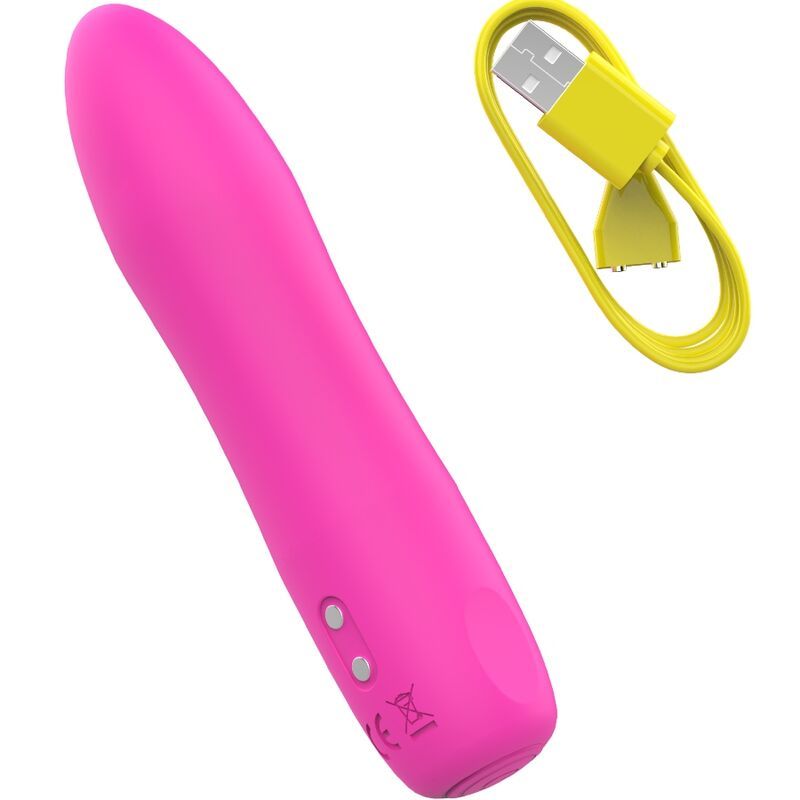 Pinkfarbener Vibrator mit abgerundeter Spitze und gelbem USB-Ladekabel. Auf dem Vibrator ist das Logo von b swish.