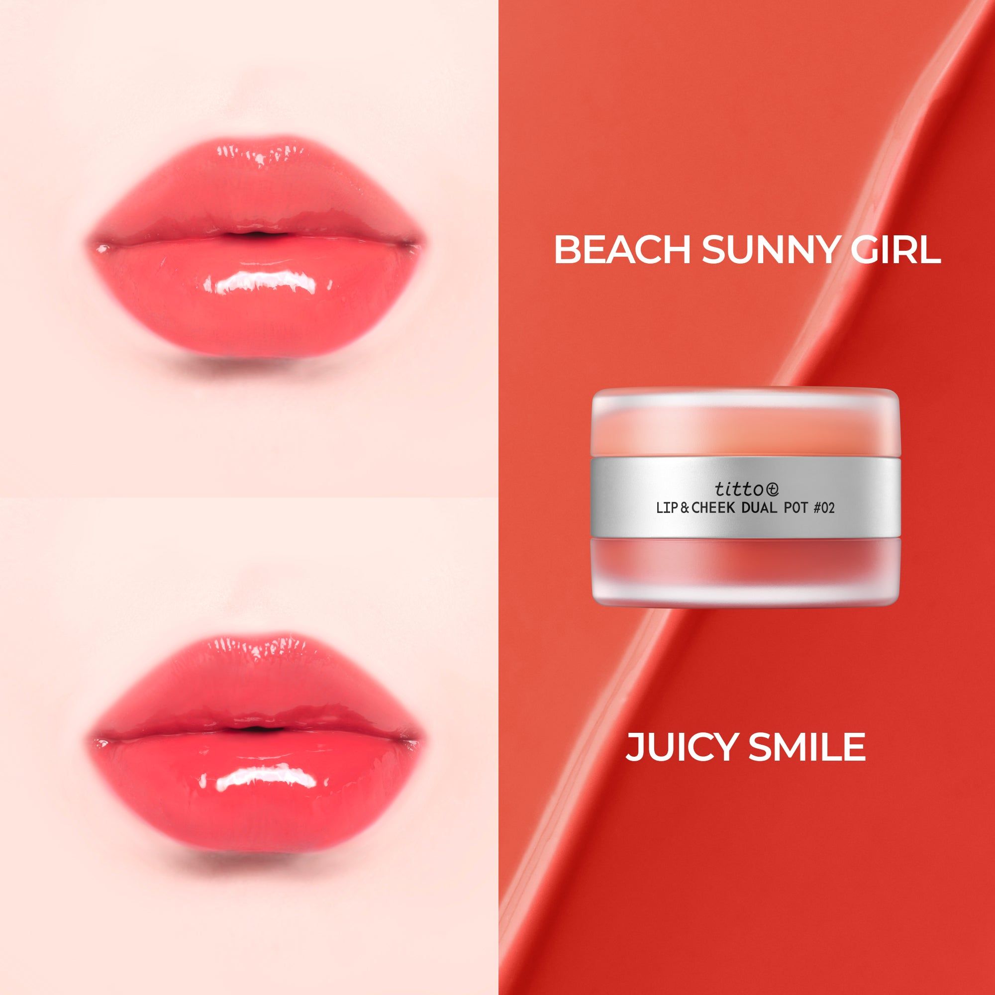 Lippen mit Lip & Cheek Dual Pot Farben. #02 Juicy Smile und Beach Sunny Girl.