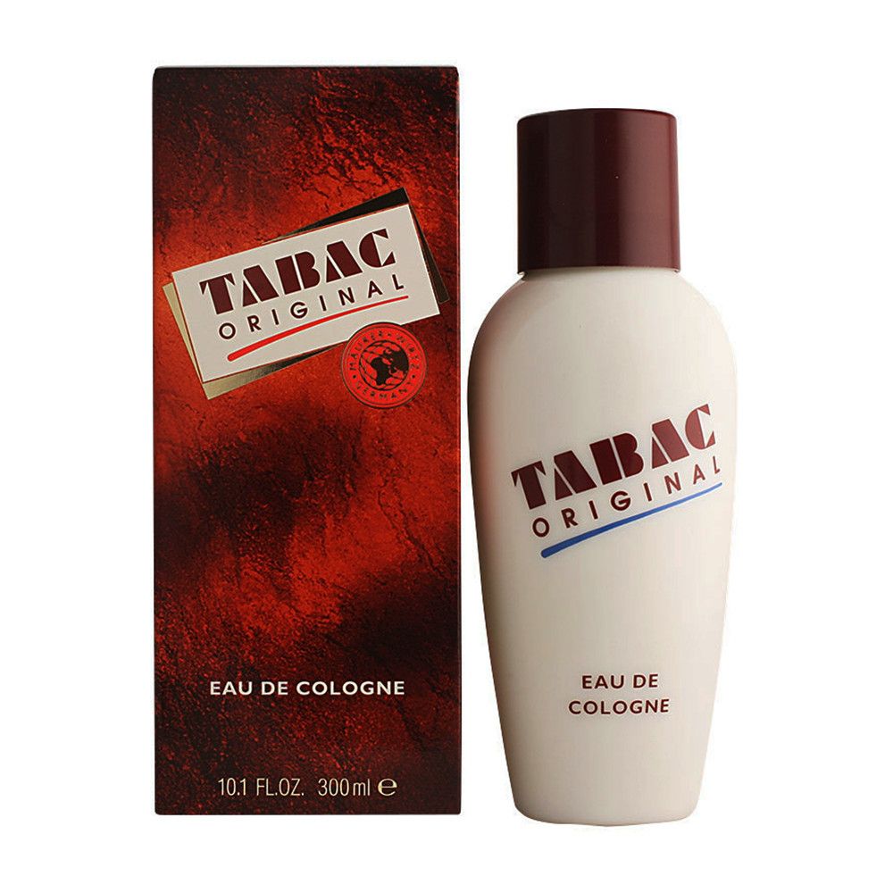 Weiße Flasche mit braunem Deckel und roter Verpackung. Aufschrift "TABAC ORIGINAL Eau de Cologne".