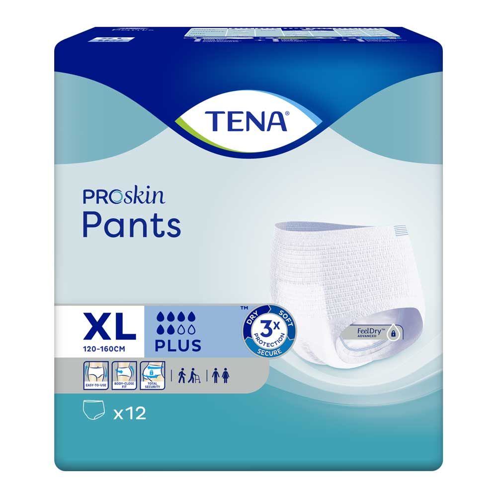Verpackung von TENA ProSkin Pants XL. Blaue Verpackung mit Produktabbildung. Text: ProSkin Pants, XL, Plus, x12.