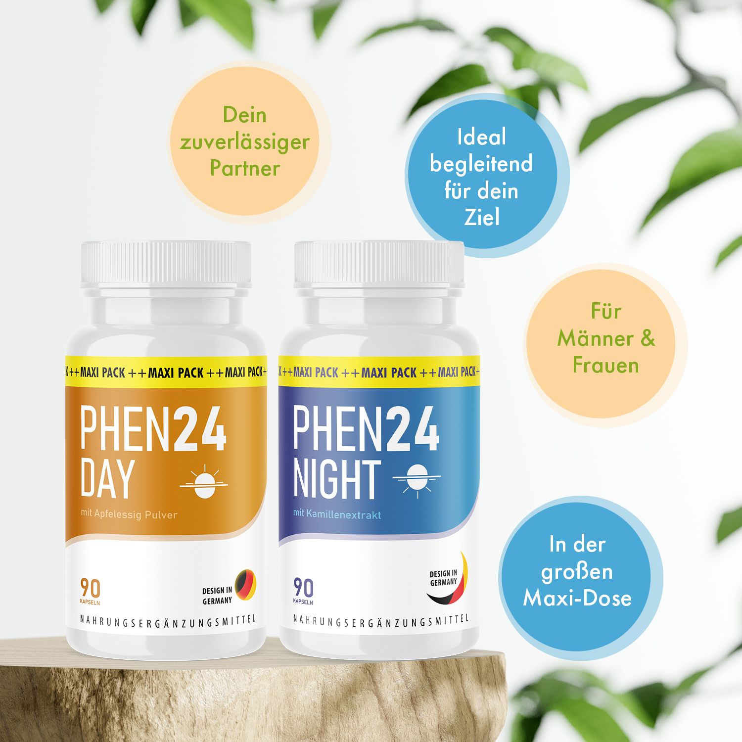 Zwei Flaschen Phen24 Day und Night Kapseln. Weiße Flaschen mit gelben und blauen Etiketten. Zusätzliche Kreise mit Text. Hintergrund mit Blättern.