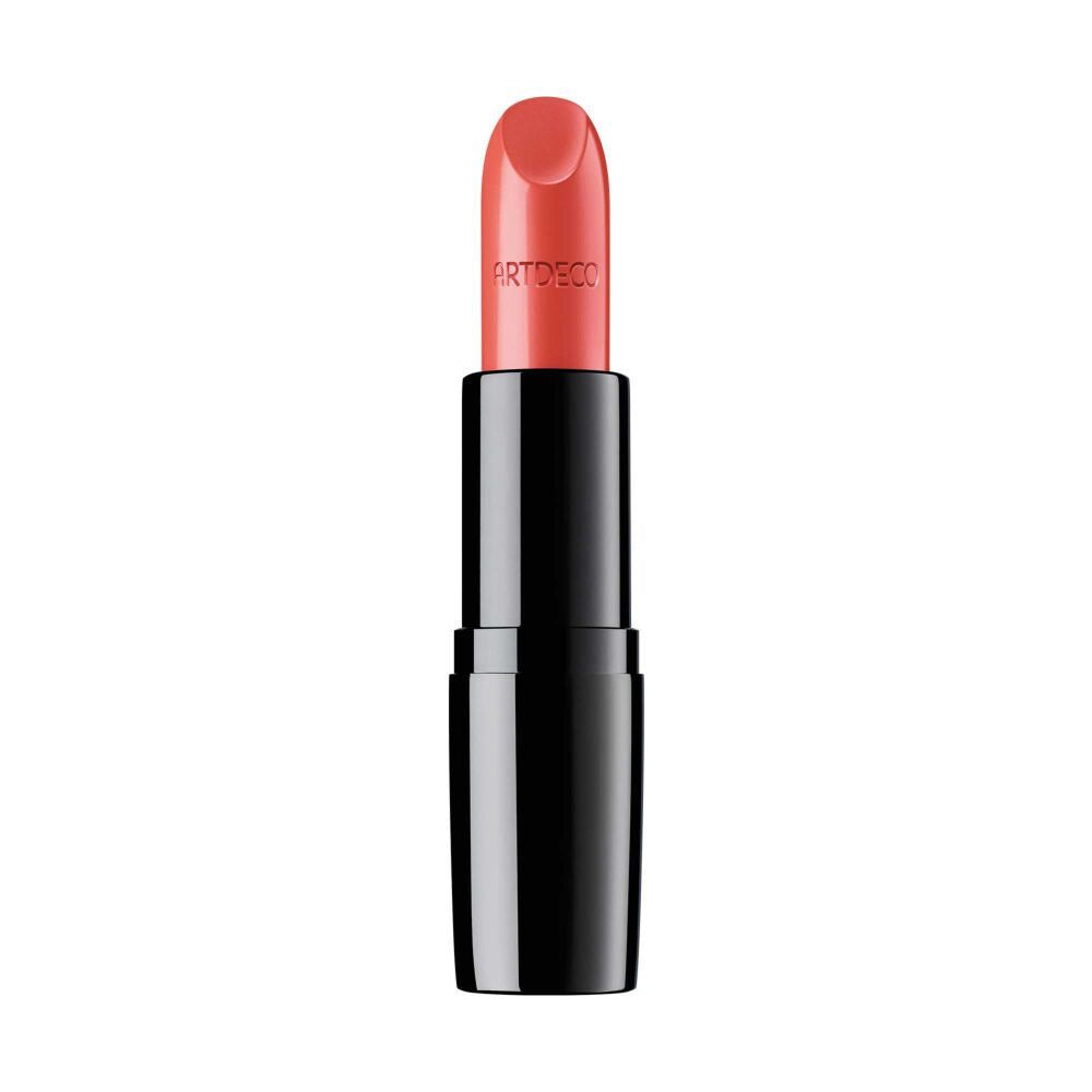 Artdeco Perfect Color Lippenstift, geöffnet. Schwarze Hülse, rosafarbener Lippenstift. Artdeco-Logo sichtbar.