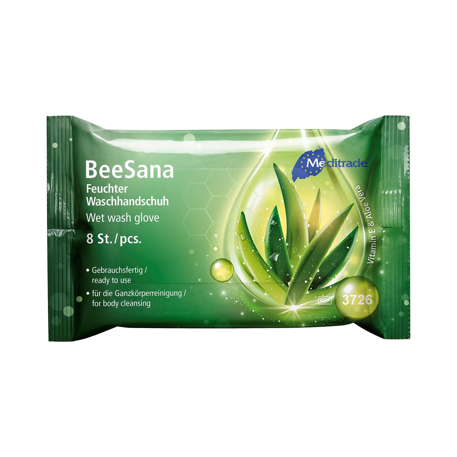 Verpackung Feuchte Waschhandschuhe. Grün, mit Aloe Vera-Motiv und Schriftzug 'BeeSana'. 8 Stück.