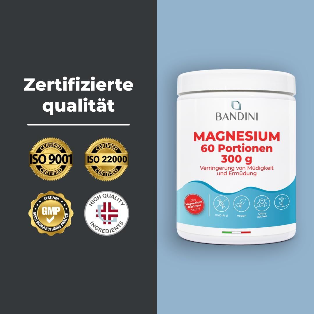 Weißer Bandini Magnesium-Behälter. Roter Schriftzug: Magnesium. 60 Portionen, 300 g. Text: Zertifizierte Qualität. ISO 9001, 22000, GMP.