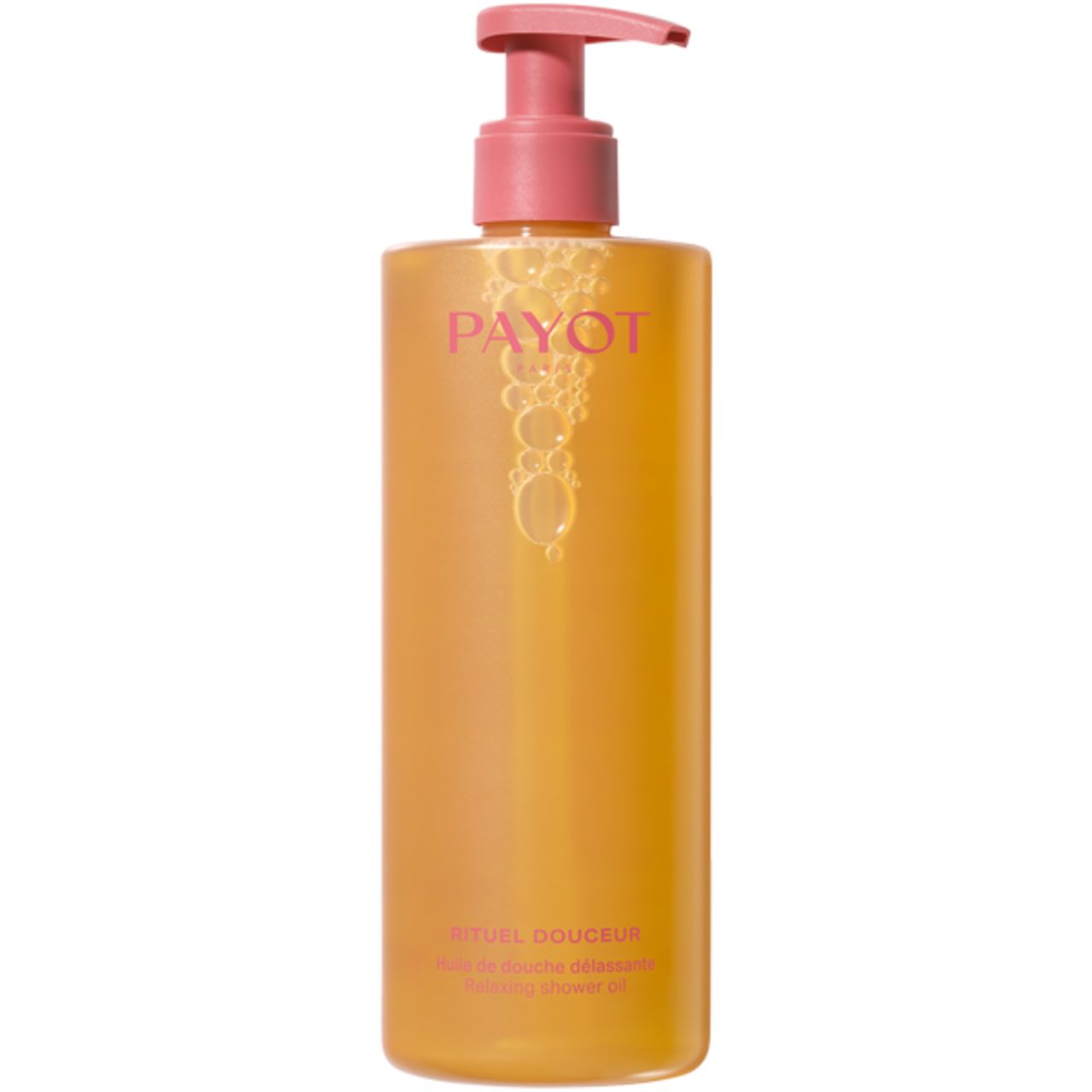 Payot Duschöl. Orangefarbene Flasche mit rosa Pumpkopf. Produktname und Text sichtbar.
