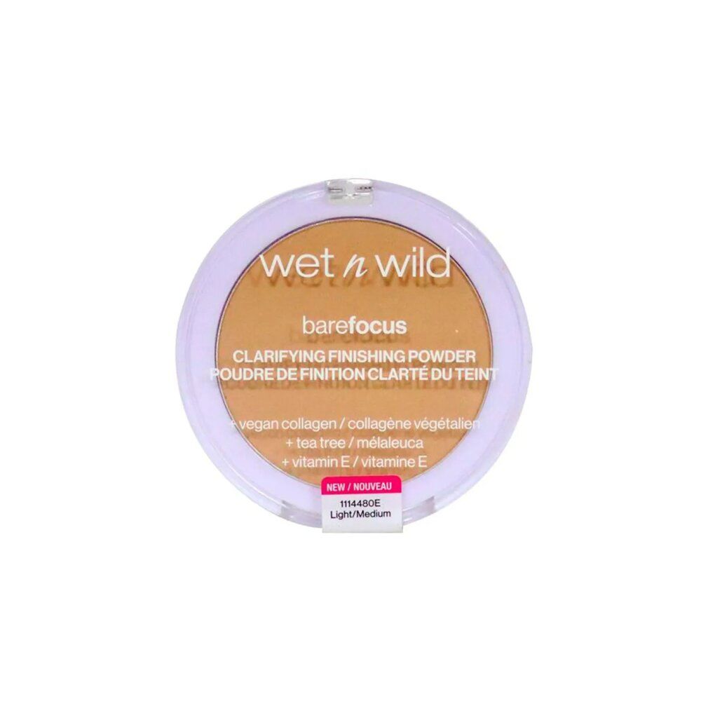 Runder Puderbehälter. Aufschrift: Wet n Wild, barefocus, Clarifying Finishing Powder. Farbton: Light/Medium. Vegan Collagen, Tea Tree, Vitamin E.