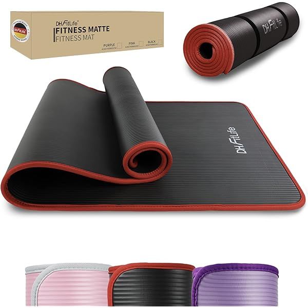 Trainingsmatte mit Verpackung. Farben: Lila, Rosa, Schwarz. DH FitLife Logo. Gerollt und ausgebreitet.