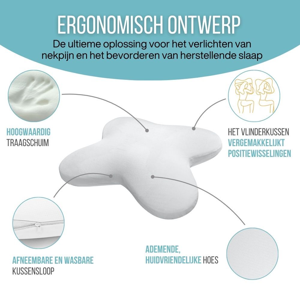 Wit vlinderkussen. Ergonomisch ontwerp, traagschuim, afneembare hoes.