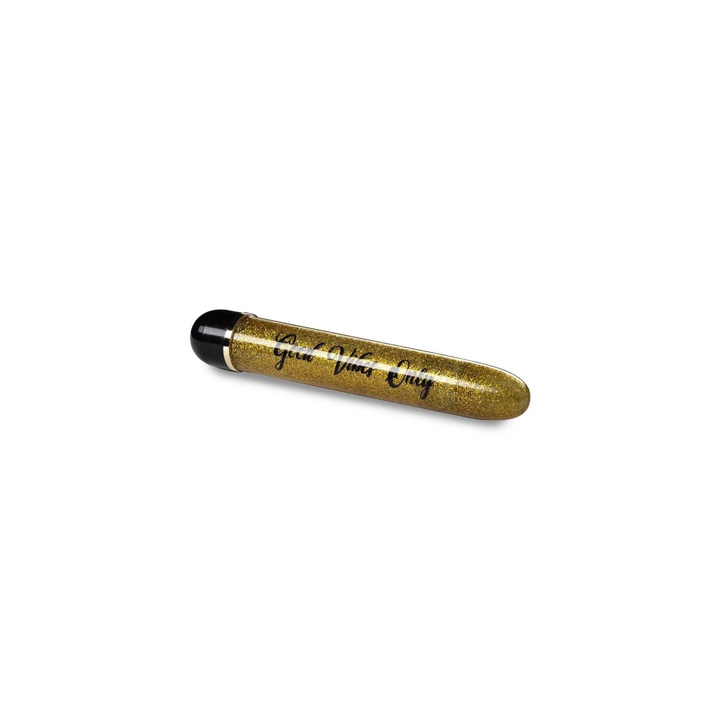Goldfarbener Vibrator mit schwarzem Ende. Aufschrift 'Good Vibes Only'.