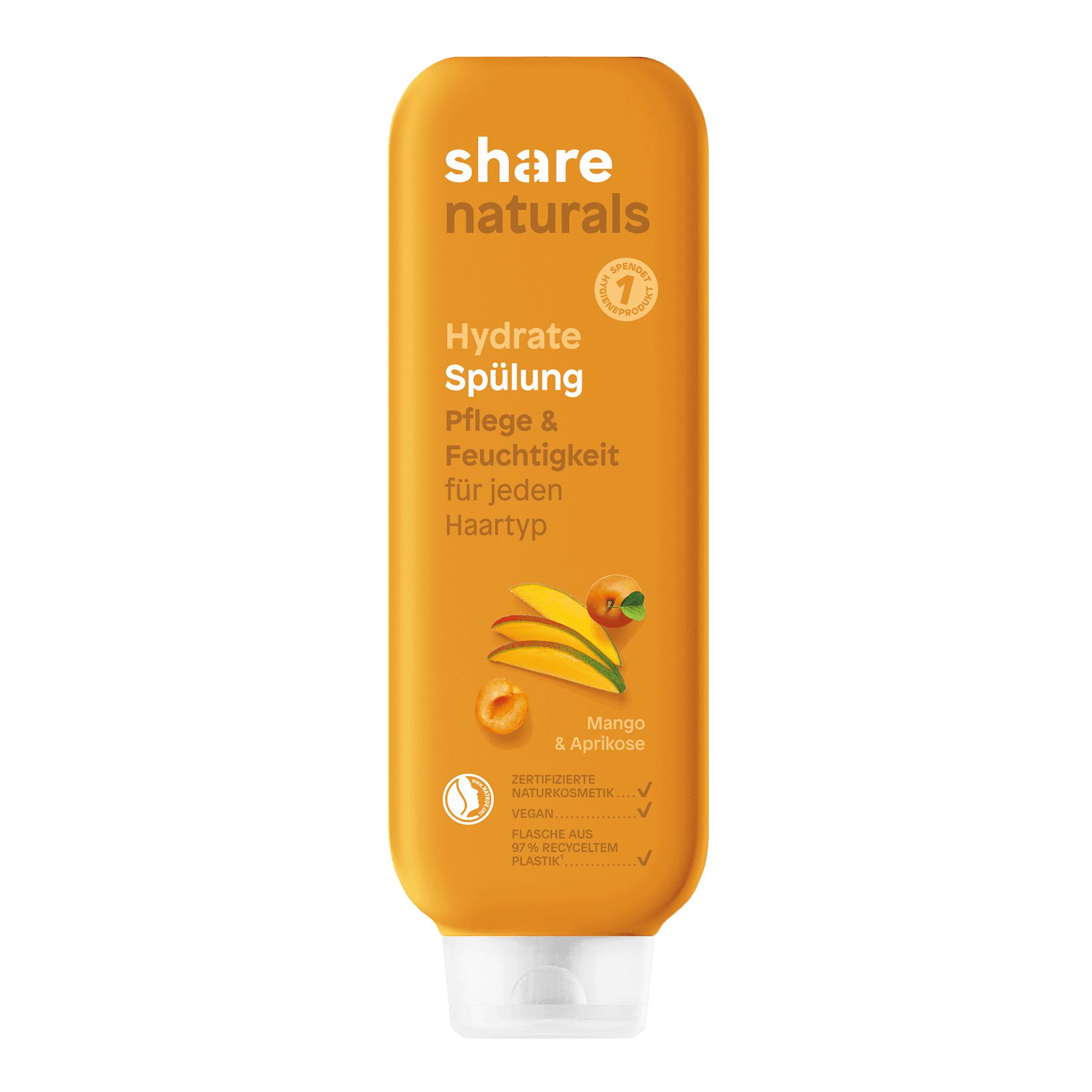 Orangefarbene Flasche mit Produktetikett. Aufschrift: share naturals, Hydrate Spülung, Mango & Aprikose. Vegan, zertifiziert.