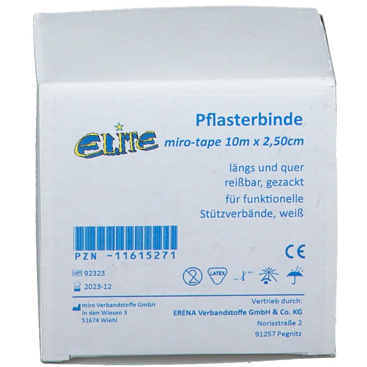Weiße Verpackung mit Aufschrift ELITE Pflasterbinde miro-tape 10m x 2,50cm. Enthält Informationen zu Hersteller und Zertifizierungen.
