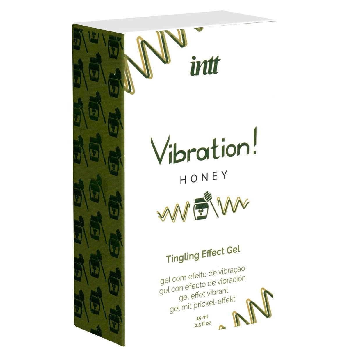 Verpackung von INTT Vibration! Honey Tingling Effect Gel. Grün-weißes Design mit Produktnamen und Inhaltsangaben in mehreren Sprachen.