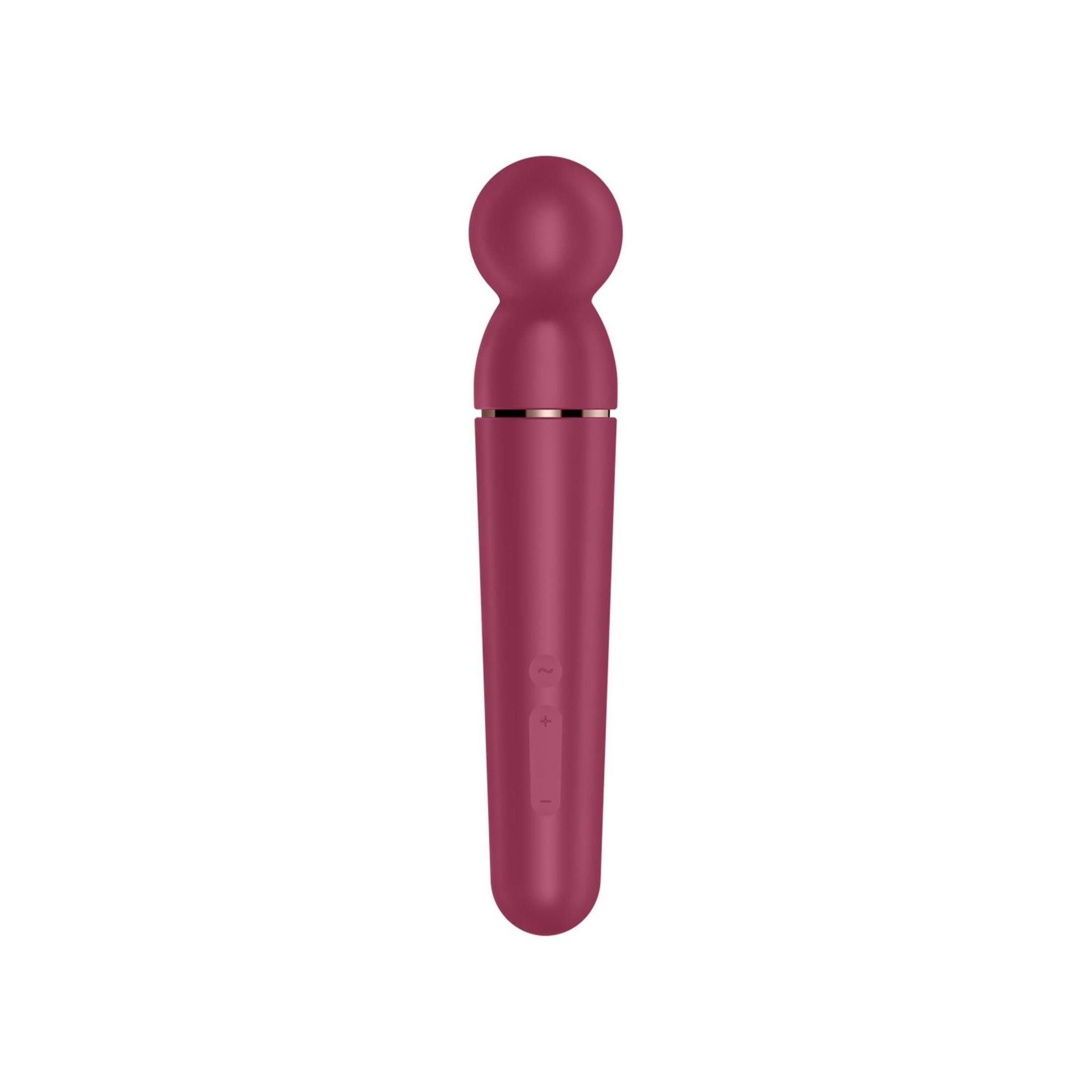Bordeauxfarbener Vibrator mit rundem Kopf und zylindrischem Schaft. Silberfarbener Ring am Übergang. Zwei Knöpfe.