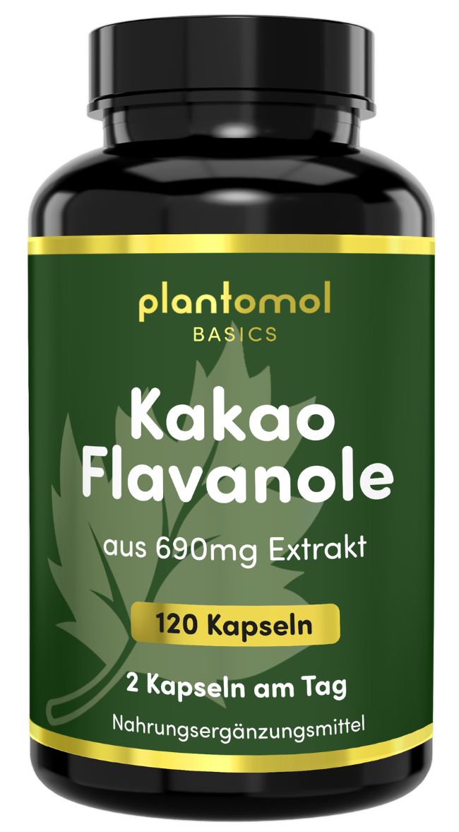 Braune Kapsel-Dose mit grünem Label. Text: Kakao Flavanole aus 690mg Extrakt, 120 Kapseln, 2 Kapseln am Tag.
