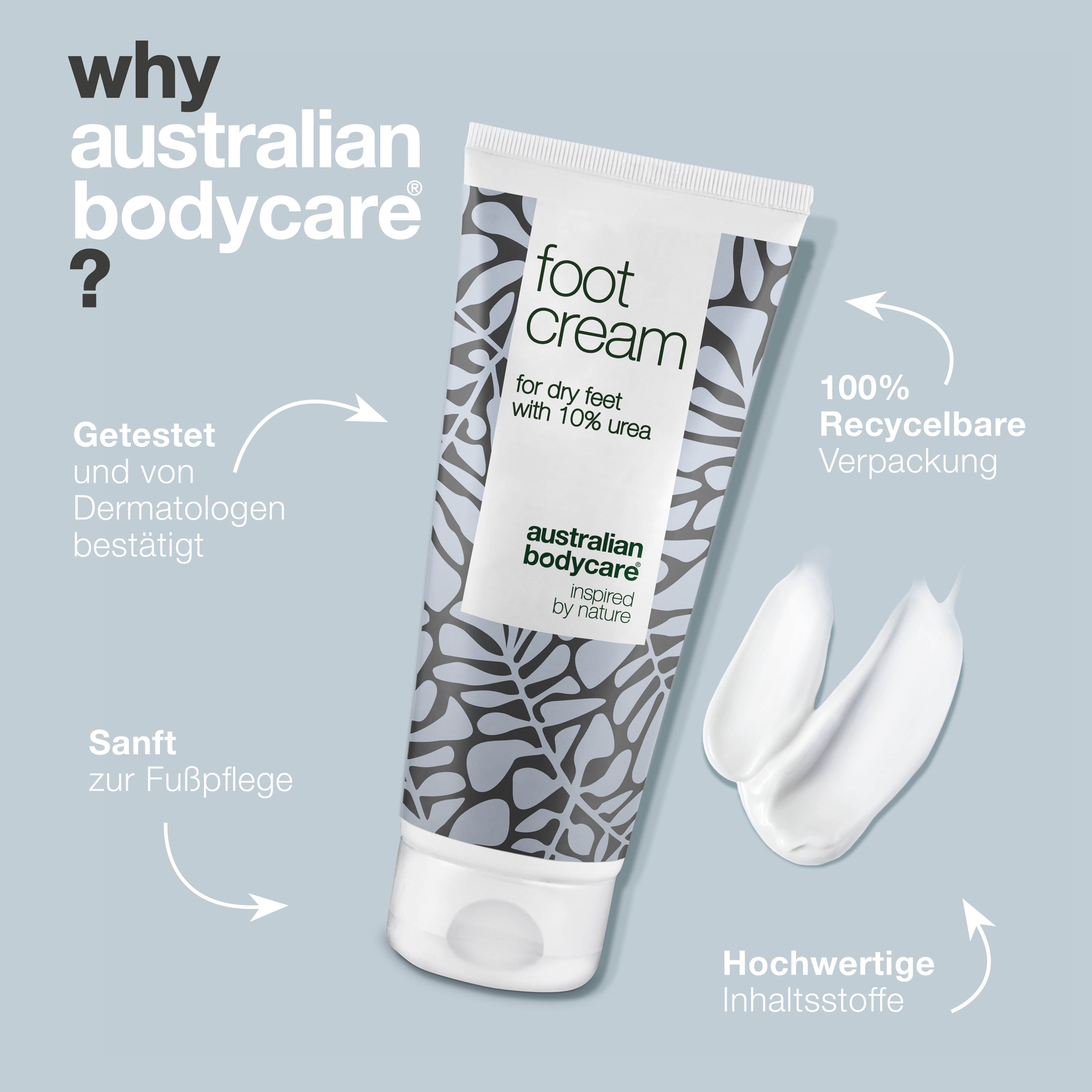Tube Fußcreme mit floralem Muster. Text: "foot cream" und "australian bodycare".