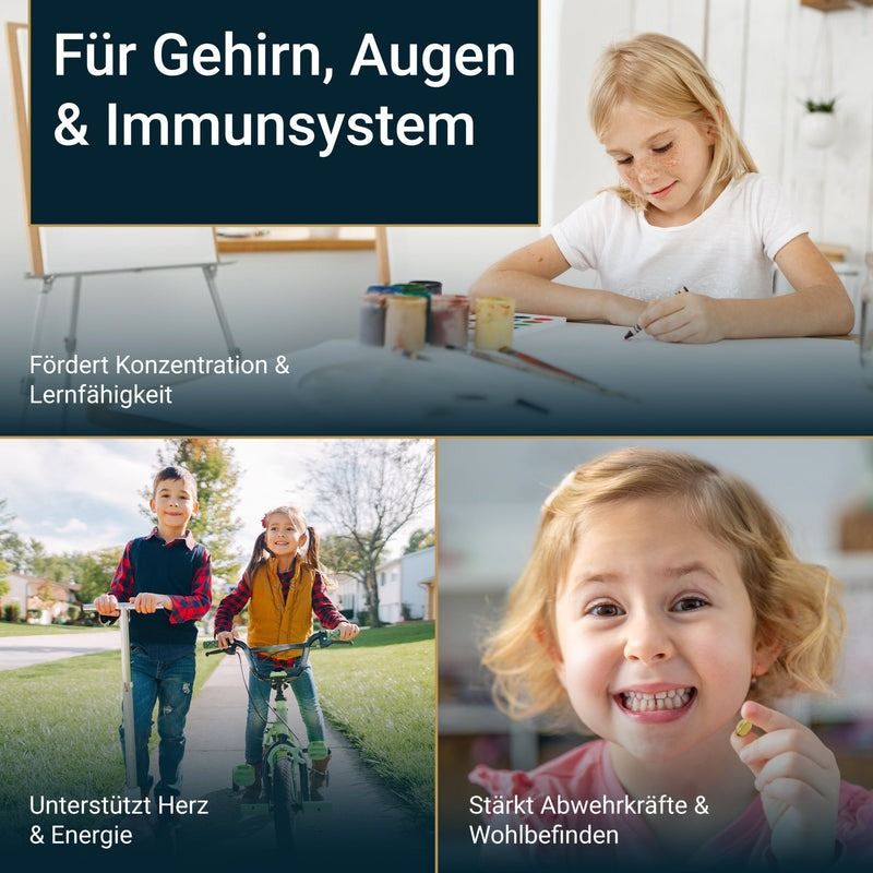 Collage mit Kindern. Text: Für Gehirn, Augen & Immunsystem. Fördert Konzentration & Lernfähigkeit. Unterstützt Herz & Energie.