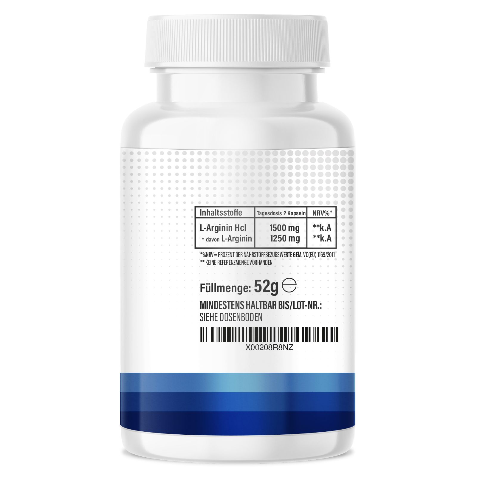 Rückseite der Flasche mit Nährwertangaben. L-Arginin HCL, 1500 mg. Füllmenge: 52g. Mindestens haltbar bis...