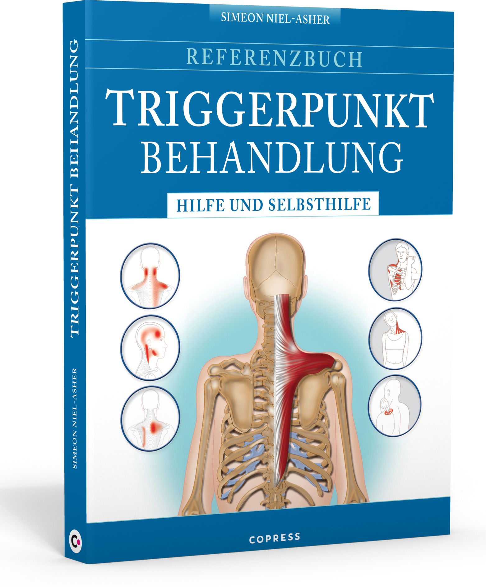 Buch "Triggerpunkt Behandlung". Blaues Cover mit Titel, Illustrationen und Skelett. Autor: Simeon Niel-Asher.