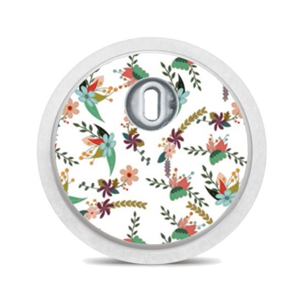 Runder Aufkleber mit Blumenmuster. Blumen und Blätter auf weißem Hintergrund.