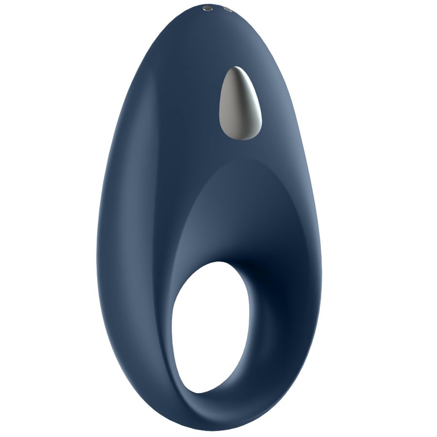 Blauer Ring mit ovaler Form und Öffnung. Oben silberfarbener Knopf.