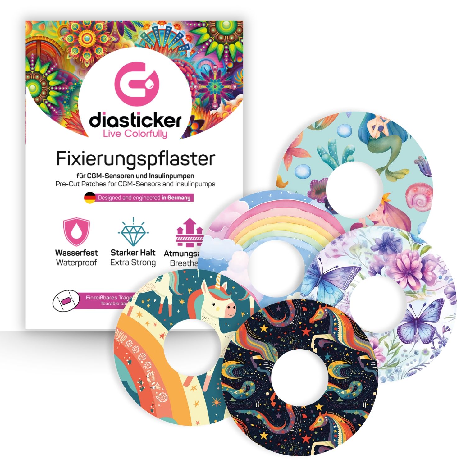 Packung Diasticker® Fixierpflaster mit verschiedenen Designs. Runde Pflaster mit Loch in der Mitte. Wasserdicht, extra starker Halt.