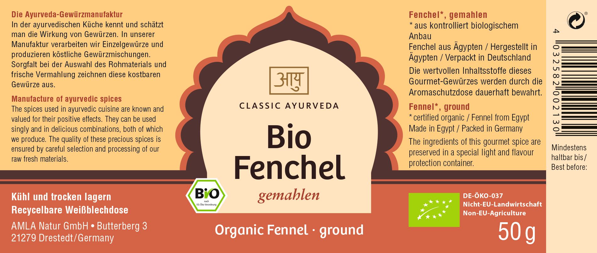 Etikett mit Text: "Classic Ayurveda Bio Fenchel gemahlen". Bio-Siegel. Text in Englisch und Deutsch.