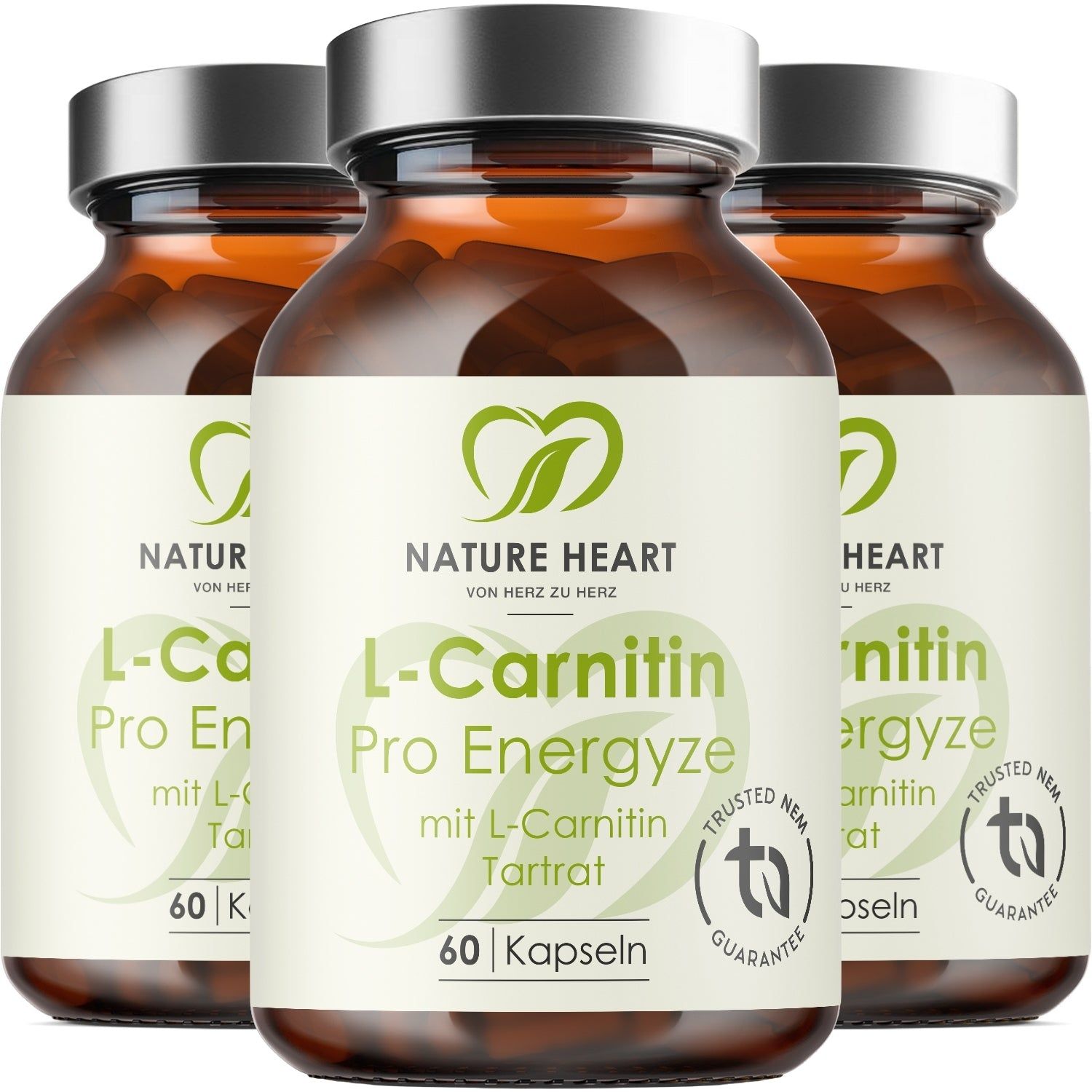 Drei Flaschen L-Carnitin Pro Energyze von Nature Heart mit je 60 Kapseln.